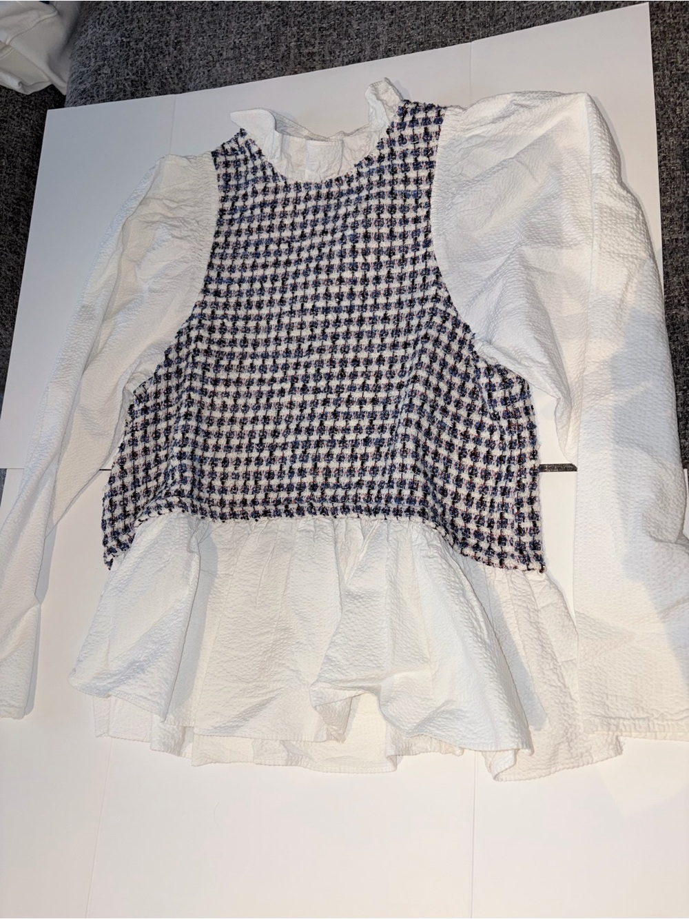 White Peplum Tunic Top with Navy Checked Overlay